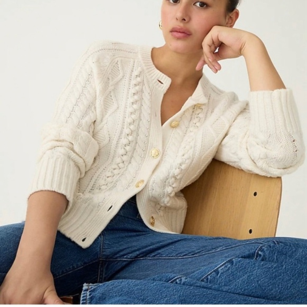 J. Crew Cream Cable Knit Button-Front Cardigan